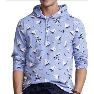 Polo Ralph Lauren Sailboat Polo Bear Print Hooded Shirt Sz: Medium NWT